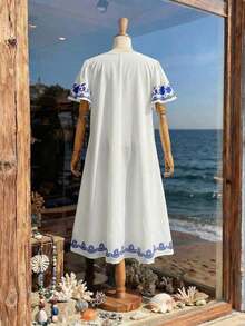 Vestido casual de manga corta con estampado floral diminuto para tallas grandes - Azul y blanco - Ver 2