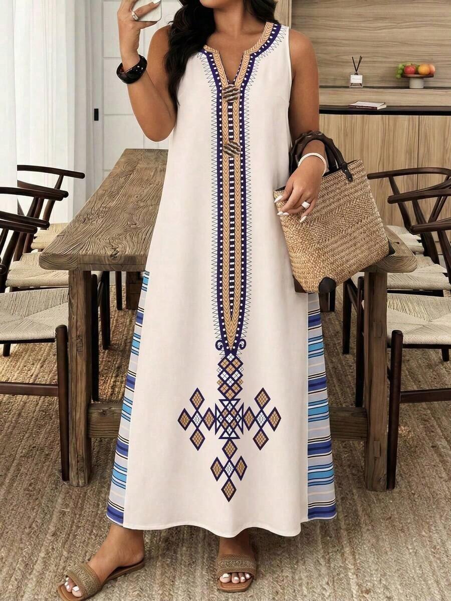 Weeklong Vestido casual de verano de talla grande con cuello con muesca y decoración de botones en unicolor - Multicolor 9 - Ver 1