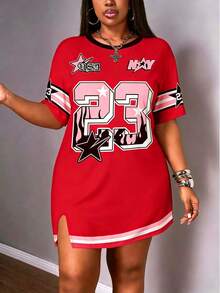 Plus Size Red Off-Shoulder Round Neck Slit Hem T-Shirt Dress, Short Knit Casual Street Style Dress Elegant Summer - Red - View 1