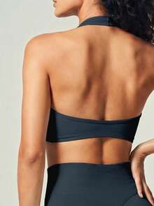 UONNOU Sujetador deportivo con diseño recortado y fruncido, top corto con diseño sin espalda para fitness - Azul Marino - Ver 4