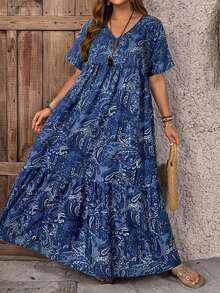 Vestido con estampado floral de talla grande, estilo casual de vacaciones - Azul - Ver 3