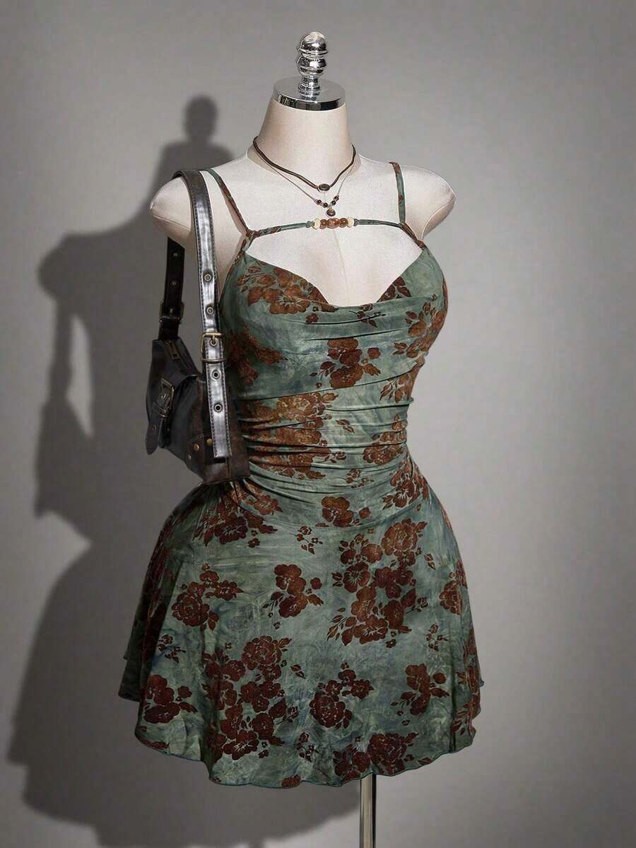 ICON Vestido con cuello en V profundo con decoración de cuentas y efecto flockado en estilo retro Y2K de talla grande, vestido con tirantes en estilo chino vintage con cuello en V profundo, adecuado para citas, banquetes, vacaciones y fiestas - Multicolor - Ver 1