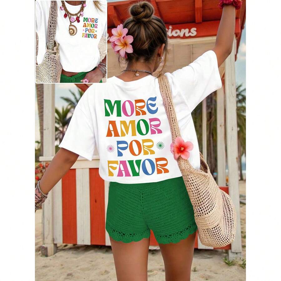 [In cả mặt trước và mặt sau] Áo thun ngắn tay cổ tròn 2026 mới màu trắng, kiểu dáng thường ngày, in chữ, họa tiết du lịch, dành cho nữ | Thoáng khí - trắng - Xem 1