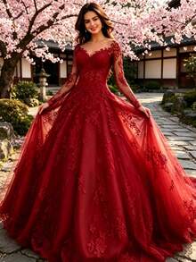 New European And American Cross-Border Women's Clothing For Independent Sites And : Sexy, Elaborate Lace Wedding Dress With Floral Train And Full Skirt Evening Gown - 紅色 - 查看 1
