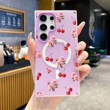 Funda para teléfono: Funda de gel adecuada para Samsung Galaxy S22, S23, S24, S25, S26 FE, Edge, Pus, Ultra A56 A54 A55 A36 A35 A26 A25 A17 A16 A15 con estampado de camelia flotante y cerezas. - Verde fluorescente - Ver 10