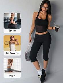 Áo tank top nữ mùa xuân/hè, 2 trong 1 có đệm ngực, áo hai dây phối lưới, kiểu dáng thường ngày, thích hợp cho thể thao ngoài trời, yoga và yoga, gợi cảm. - màu đen - Xem 5