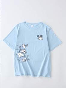 可愛鯊魚印花圓領T恤，休閒極簡主義大尺碼女款夏季上衣，適合日常穿著、外出、旅行、海灘、派對，女性夏季度假穿搭 - 淺藍色 - 查看 2