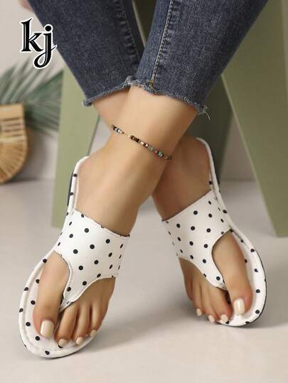 Women's Flat Sandals, Non-Slip Soft-Sole Polka Dot Print Open Toe Flip Flops, European And American Ins Style, Suitable For Beach, Vacation, Shopping, Commuting, Daily Wear, White Base With Black Dots