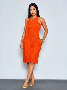 Elegant And Stylish Two Pieces Set For Women In Spring And Summer, Suitable For Commuting, Everyday Wear, Casual Occasions, Parties, Birthday Parties, Thanksgiving, And Back-To-School. Features An Asymmetrical Neckline, Sleeveless Halter-Neck Top With Buttons And Zip-Up Capri Pants. The Halter Neck Detail Adds A Touch Of Casual Vacation Style. Springtime Suit. - Naranja - Ver 6
