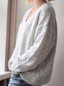女款幾何漸層針織套頭衫，舒適長袖毛衣，適合秋冬，柔軟面料，日常休閒穿搭，返校季，萬聖節 - 淺灰色 - 查看 6