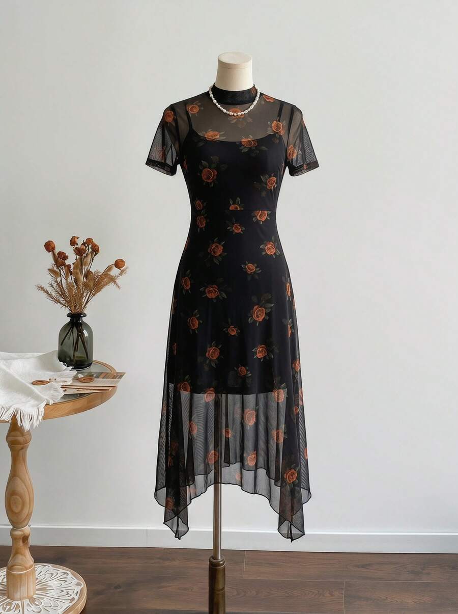 Temptaria Đầm nữ phong cách Gothic cổ điển màu đen và vàng in họa tiết hoa hồng, chất liệu lưới phối hai lớp, cổ cao, eo thắt, vạt bất đối xứng, thích hợp cho kỳ nghỉ hè, kiểu dáng thanh lịch. - màu đen - Xem 1