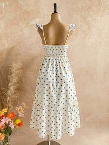 Vestido midi de línea A con cintura fruncida y escote en V, estilo vacacional para mujer.Vestido de línea A con volantes en las mangas tipo campana, de gasa, vestido de verano, adecuado para uso en bodas románticas y almuerzos - Multicolor - Ver 2