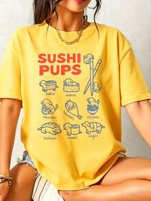 Sushi Pups Tshirt, Funny Dachshund Shirt, Japanese Cuisine Tshirt, Foodie Fift For Weiner Dog Mom, Gift For Her-Cozy Summer Essential & Casual Chic - 黃色 - 查看 9