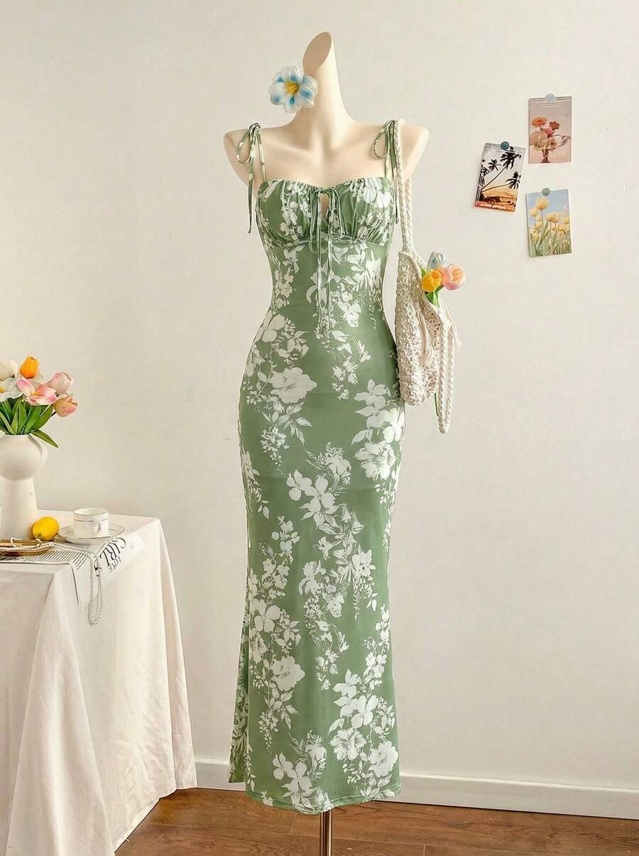 女士印花系带露肩荷叶边连衣裙，度假风夏季派对优雅装扮 - 綠色 - 查看 1
