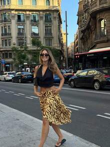 Women's Fashion, Summer, Asymmetrical Hem, Knee-Length Bohemian Skirt, Wave Print, Elegant & Sexy, Suitable For Beach, Vacation, Date Spring - Yellow - View 5
