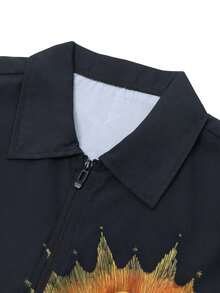 American Street Style Virgin Mary Print Short Sleeve Shirt, Men's Loose Fit Zip-Up Casual Top - Black - View 6