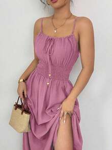 Vestido de lino con nudo en el frente, plisado en la cintura y sin mangas, color café claro, cómodo y casual, para primavera y verano - Rosa - Ver 6