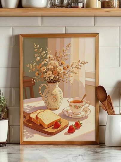 1pc Healing Afternoon Tea Still Life Decorative Painting, Warm Tone Window Breakfast Decorative Painting, Restaurant Living Room Background Wall Painting, Unframed