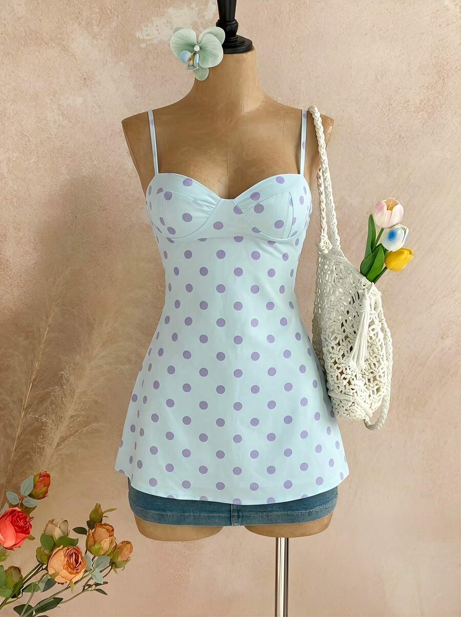 Temptaria Đầm ngắn chấm bi gợi cảm và thời trang, đa năng, có dây đeo điều chỉnh được và đệm ngực, thích hợp cho kỳ nghỉ xuân/hè, trang phục mùa hè cho phụ nữ dự tiệc thanh lịch. - Màu xanh nhạt - Xem 1