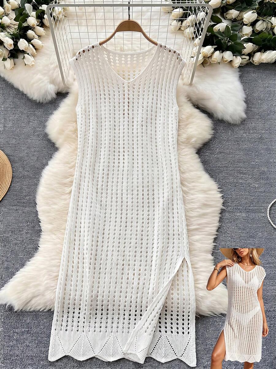 Plus Size Women's Sleeveless Hollow Out Loose V-Neck Vacation Dress White Summer - White - View 1