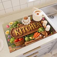 1pc Dish Drying Mat, Coffee Machine Pad, Kitchen Style Woodgrain Floral Fruit Vegetable Decor Pattern Absorbent Draining Mat, Suitable For Dining Table And Cafe, Creates Natural Fresh Dining Environment, Multi-Purpose Drainage Mat, Home Gift, Desktop Decor - XYLSD-267 - View 6
