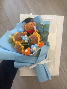 1pc Graduation Season Teddy Bear & Sunflower Bouquet (Gift Bag Included) - Handmade Knitted Floral, Suitable For Classmates, Teachers, Reunion, Home Decor, Birthday, Graduation, Mother's Day, Random Blue Color (Random Flower Bag) - View 11