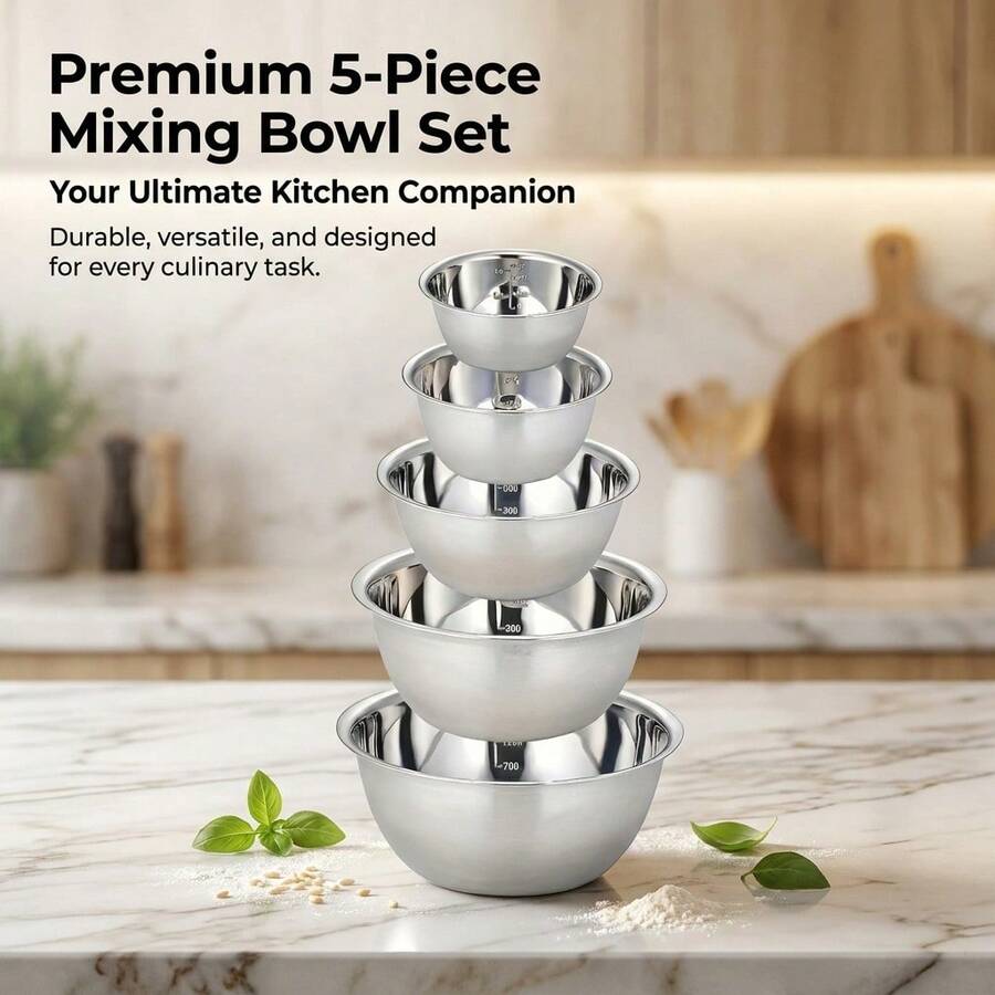 5pcs Quality Mixing Bowl Set-Non-Slip Bottom, Graduated Scale, Durable, Easy To Clean, Great For Cooking, Baking, Prep, Home Kitchen Cooking, Washing, Fruit, Noodles, Kitchen Accessories And Baking Tools,Mother's Day,Mom,Mother's Day Gift,Flower,Jewelry,Mother's Day Decorations,Mother's Day Party Supplies,Women,Pink,Gift Set - Silver 5pcs - View 1