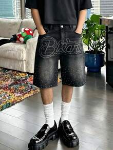 Rực rỡ! Quần short denim đính đá lấp lánh cao cấp, phủ kín bằng những viên đá lấp lánh tạo thành họa tiết chữ nghệ thuật, kiểu dáng ống quần suông thoải mái, lấp lánh và độc đáo, hoàn hảo cho các bữa tiệc đêm. - màu đen - Xem 4