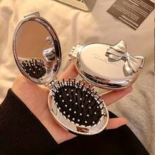 1pc Foldable Bowknot Mini Air Cushion Hair Brush With Mirror, Silver/Pink Bowknot Options, Portable 2-In-1 Hair Comb And Makeup Mirror, Fashionable And Cute Accessory, Exquisite Holiday Gift - Multicolor - View 2