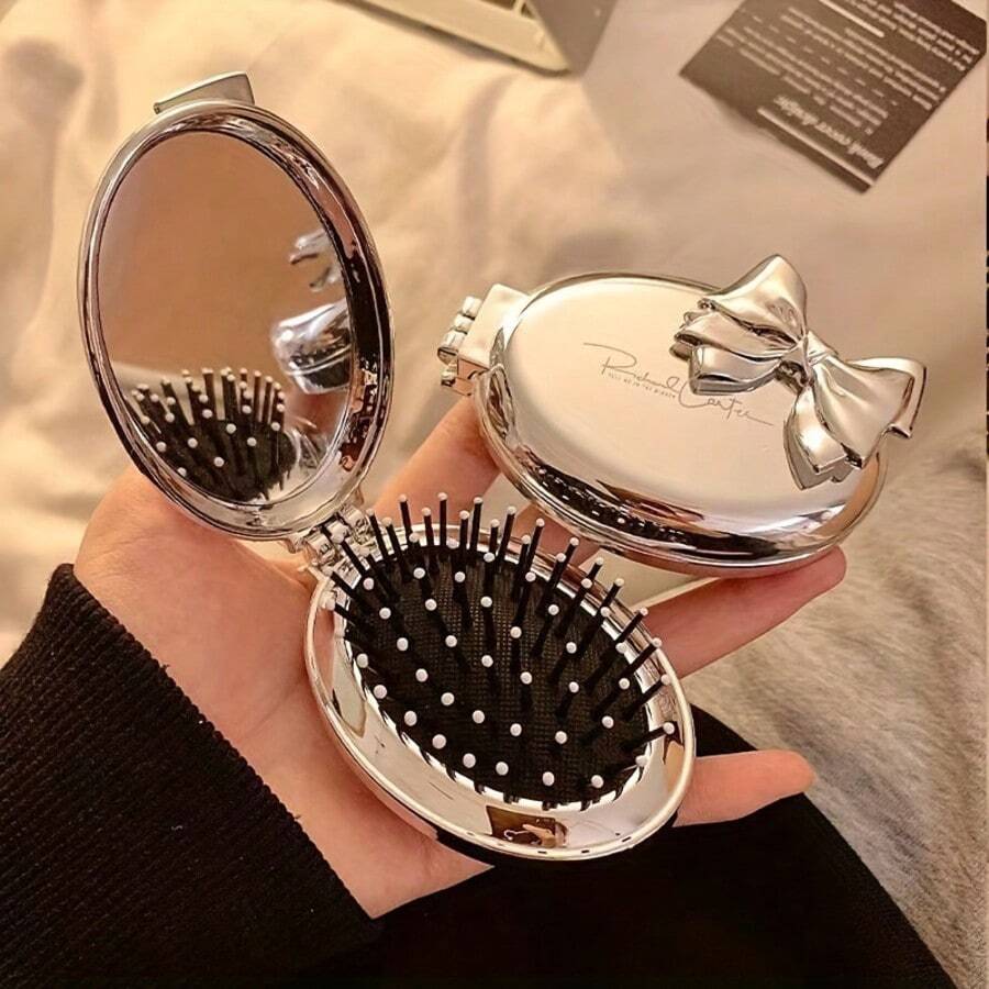 1pc Foldable Bowknot Mini Air Cushion Hair Brush With Mirror, Silver/Pink Bowknot Options, Portable 2-In-1 Hair Comb And Makeup Mirror, Fashionable And Cute Accessory, Exquisite Holiday Gift