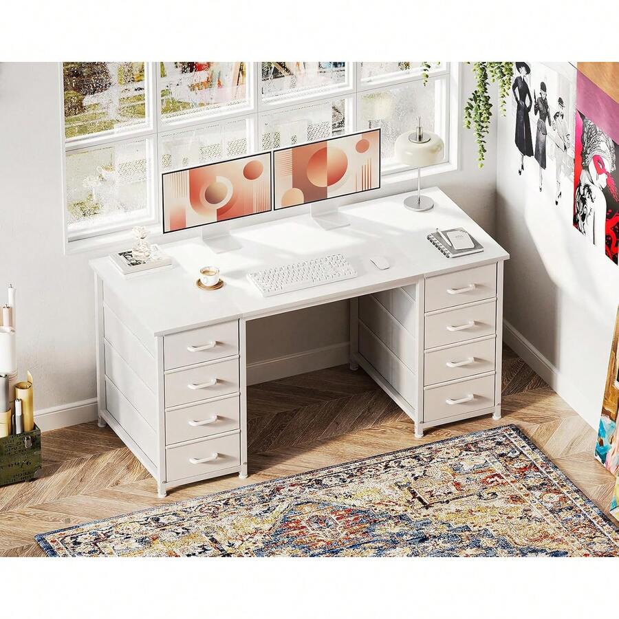48 Inches Computer Desk With 8 Fabric Drawers, Modern Office Desk With Large Storage For Home Office, Study, White - White - View 1