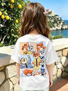 Disney Zootopia Judy And Nick Pattern Printed Fashionable Round Neck Children's T-Shirt, Made Of 100% Cotton, Is An Ideal Choice For Daily Wear, Vacation Leisure, Outdoor Exploration, School Life, And Shopping Trips. This Is A Must-Have For Summer And An Excellent Gift For The Same Boy And Girl. Every Child Deserves A Disney T-Shirt - 白色 - 查看 2