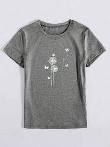 Camiseta de manga corta de estilo gráfico y casual con cuello redondo y estampado de diente de león botánico floral para mujeres - Gris Oscuro - Ver 2