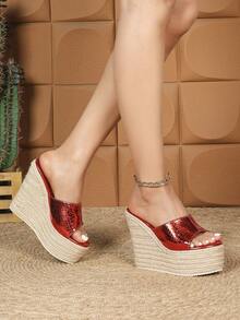 Sandal Hak Tinggi Wanita, Gaya Bohemian, Bahan Anyaman Jerami, Penutup Gesper Tali Pergelangan Kaki, Desain Ujung dan Tumit Terbuka, Platform Wedges Ujung Bulat Klasik, Sol Tali, Gaya Musim Panas untuk Aktivitas Luar Ruangan, Sandal Pantai Seksi Warna Aprikot Reguler - Merah - View 4