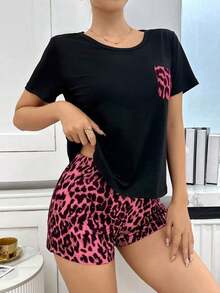 Conjunto de pijama con cuello redondo y manga corta con estampado de leopardo - Multicolor - Ver 3