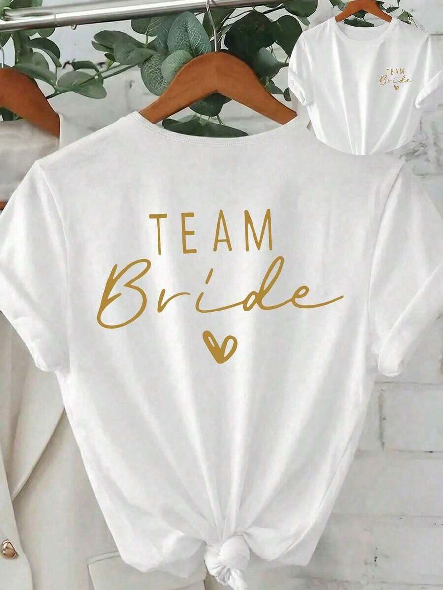 Women's Short-Sleeved T-Shirt With Bridal-Themed Decorative Patterns And The Slogan "" In Cursive Lettering, Round Neck, Short Sleeve, Casual Style For Spring/Autumn/Summer, Back-To-School Outfits For Women, Women's Tops, Summer Outfits, Women's Holiday Outfits, Women's Spring Outfits, Tops, Women's Club Outfits, Black Color, 100% Cotton. - 白色 - 查看 1
