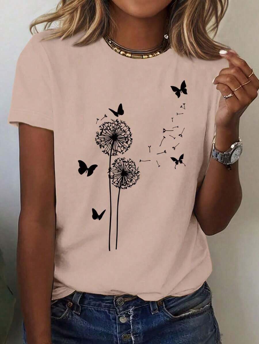 Camiseta de manga corta con cuello redondo y estampado de margaritas y mariposas para mujer, camisetas gráficas casuales para mujer - Albaricoque - Ver 1