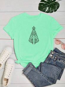 Camiseta Baby Look T Shirt Nossa Senhora Minimalista Religião Fé Maria Aparecida Estampada Várias Cores 100% Algodão - Verde Menta - Visão 3