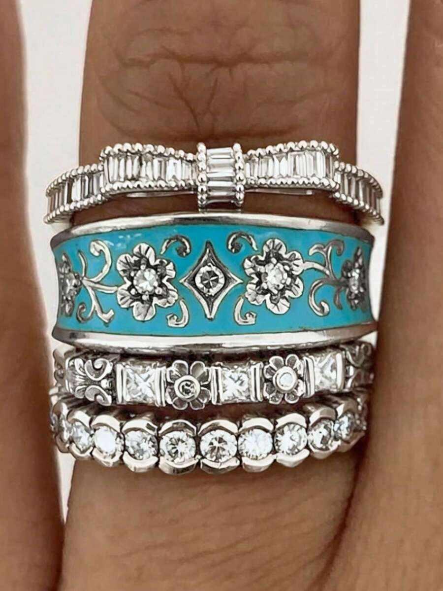4pcs Luxurious Cubic Zirconia Stone Rings, Suitable For Women, Ideal For Wedding, Engagement, Anniversary Party, Valentine's Day Gift - 3# - View 1