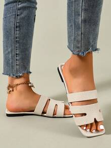 Ximi Ruo New Spring/Summer Fashion Casual One-Strap Slide Sandals, Comfortable Flat Heel Round Toe Beach Slippers, Versatile Slip-On Sandals For Women - Beige - View 5