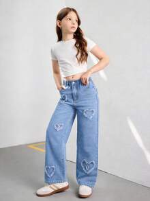 Quần jeans ống rộng dáng suông, quần jeans ống đứng thêu họa tiết đa năng phong cách đường phố. - Rửa trung bình - Xem 6