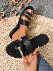 Women's Summer New Open Toe Flat Sandals With Gold Stripe Cutout Design, Navy Blue Color, Suitable Casual, Holiday, Daily Wear - Match With Dresses, Leggings, Casual Pants, Shorts, Skirts.Slip-On Snake Print Ladies Slippers, Suitable Spring, Summer, Autumn, Valentine's Day, Mother's Day, Festivals, Parties, Fashion, Elegant, Minimalist,, Cute, Vacation, Travel, Daily Matching, Beach Shoes - 黑色 3 - 查看 5