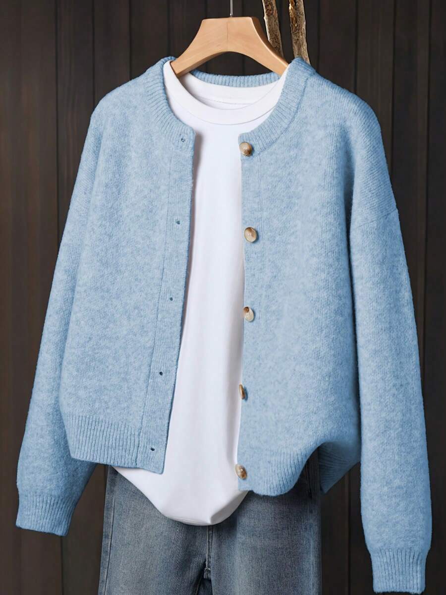 Plus Size Women's Beige Cardigan, Soft Long Sleeve Sweater Jacket With Front Button Design Fall - Baby Blue - View 1