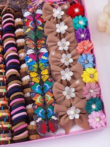 6/830PCS Colorful Coffee Brown Gentle Vintage Girls Hair Accessories Set, Includes Faux Butterfly Hair Clips, Flower Bow Hair Clips, Rhinestone Flower Hair Clips, High Elasticity Non-Damaging Hair Ties, Suitable For Girls Daily, Party, Gift Use - Multicolor - View 2