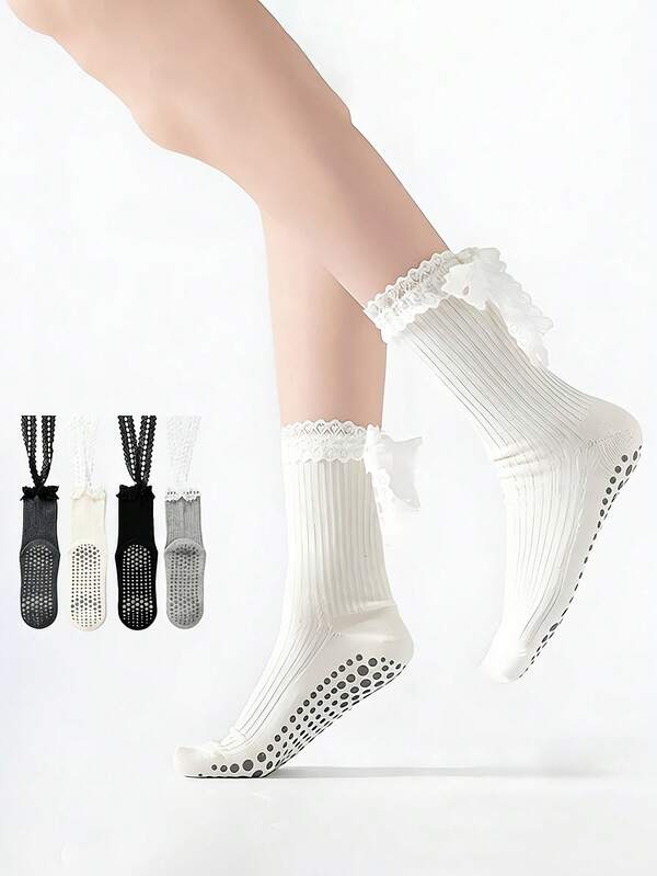 4 Pairs Lace-Up Non-Slip Yoga Socks, Grip Socks For Women, Pilates Workout Crew Socks