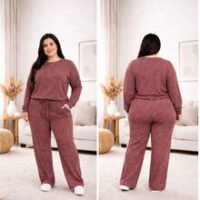 Lanzinha Ribi Plus Size Winter Set - Long-Sleeved Blouse And Wide-Leg Pants - Super Comfortable - Rosé - View 1