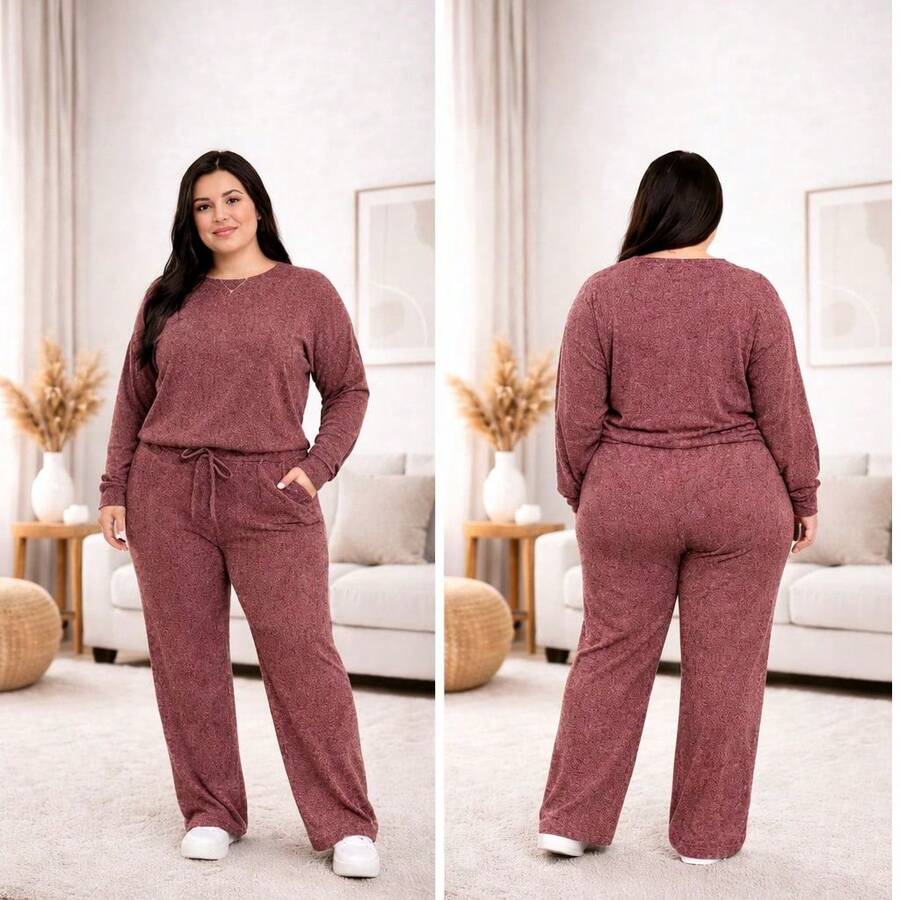 Lanzinha Ribi Plus Size Winter Set - Long-Sleeved Blouse And Wide-Leg Pants - Super Comfortable - Rosé - View 1