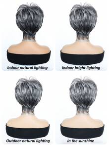 10 Inch Black Short Hair With Bangs Synthetic Heat Resistant Straight Bob Wig, Full Wig For Women Daily Wear & Cosplay - Gray Highlight - View 6