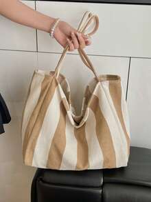 Khaki & White Striped Canvas Tote Bag, Women's Large Capacity Shoulder Bag, Versatile For All Seasons, Suitable For Students, Campus & Commute, Relaxed Style - Khaki - View 5