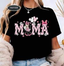Disney Official Licensed Minnie Mouse Mama Letter Art Graphic Tops De Mujer, 100% Cotton Crew Neck Short Sleeve T-Shirt, Cute Pink Floral Bow Tee, Casual White Streetwear, All-Match Mom Life Summer Top, Disney Fan Collectible Apparel - màu đen - Xem 1